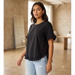 Welove Fashion Black Linen Cotton Ruffle Hem Button Back Blouse XL